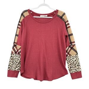 Love Kuza Pink Round‎ Neck Waffle Fabric Mixed Media Plaid Leopard Top Womens XL